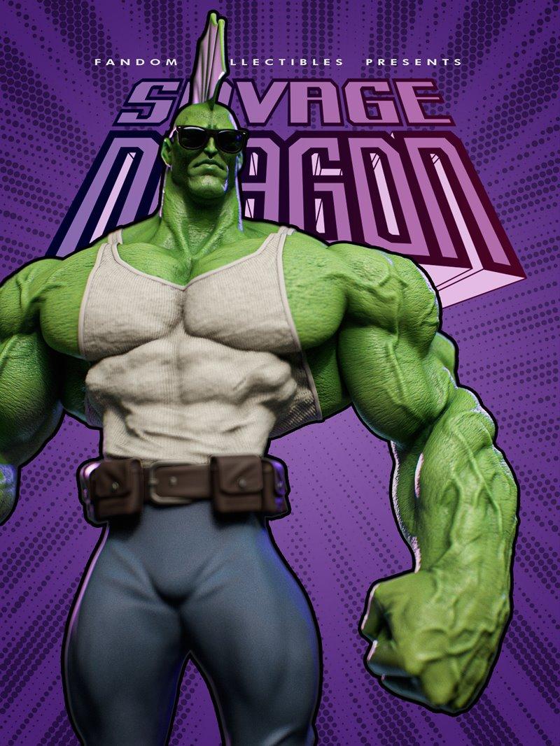 Savage Dragon character 3D model, green-skinned, muscular, wearing sunglasses, white tank top, blue pants, and a util...