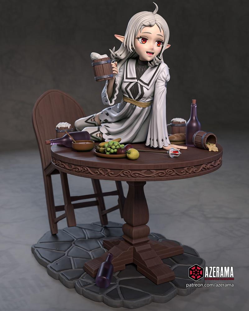 3D model of Sylphie from Mushoku Tensei sitting on a tavern table, holding a beer mug. She wears a white robe and has...