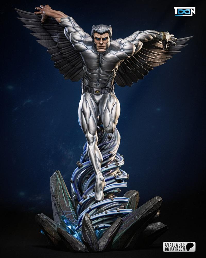Silverhawk 3D model figure in mid-flight, wings spread, muscular body, metallic suit, emerging from energy vortex on...