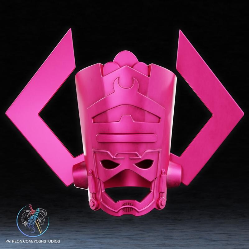 Metallic pink 3D model of Galactus's helmet with angular side pieces and detailed facial features.