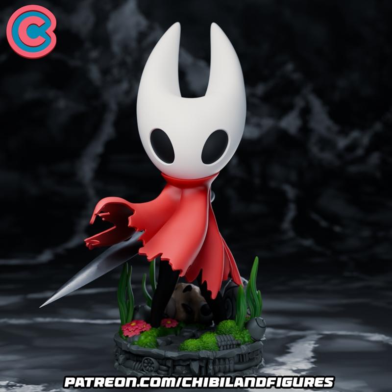 Chibi Hornet figure from Hollow Knight, holding a needle sword, wearing a red cape, on a detailed base with plants an...