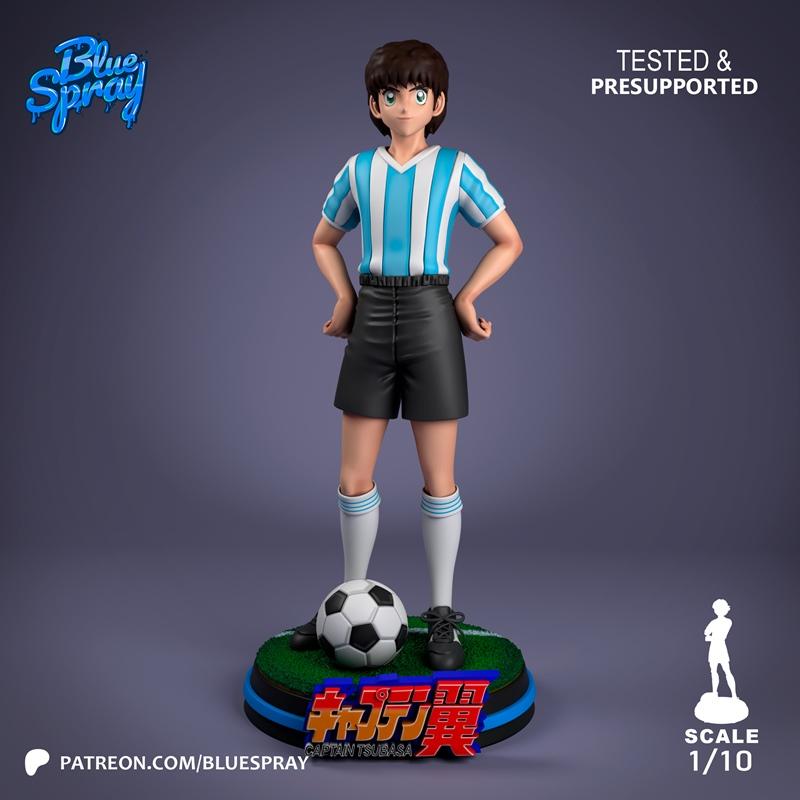 1:10 scale 3D model of Tsubasa Ozora from Captain Tsubasa, wearing a blue and white striped soccer jersey and black s...