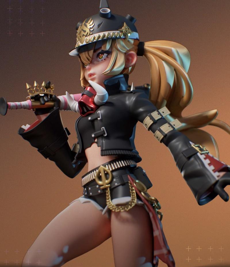 Lucy from Zenless Zone Zero 3D model figure, wearing a black jacket, shorts, helmet with horns, and holding a spiked...