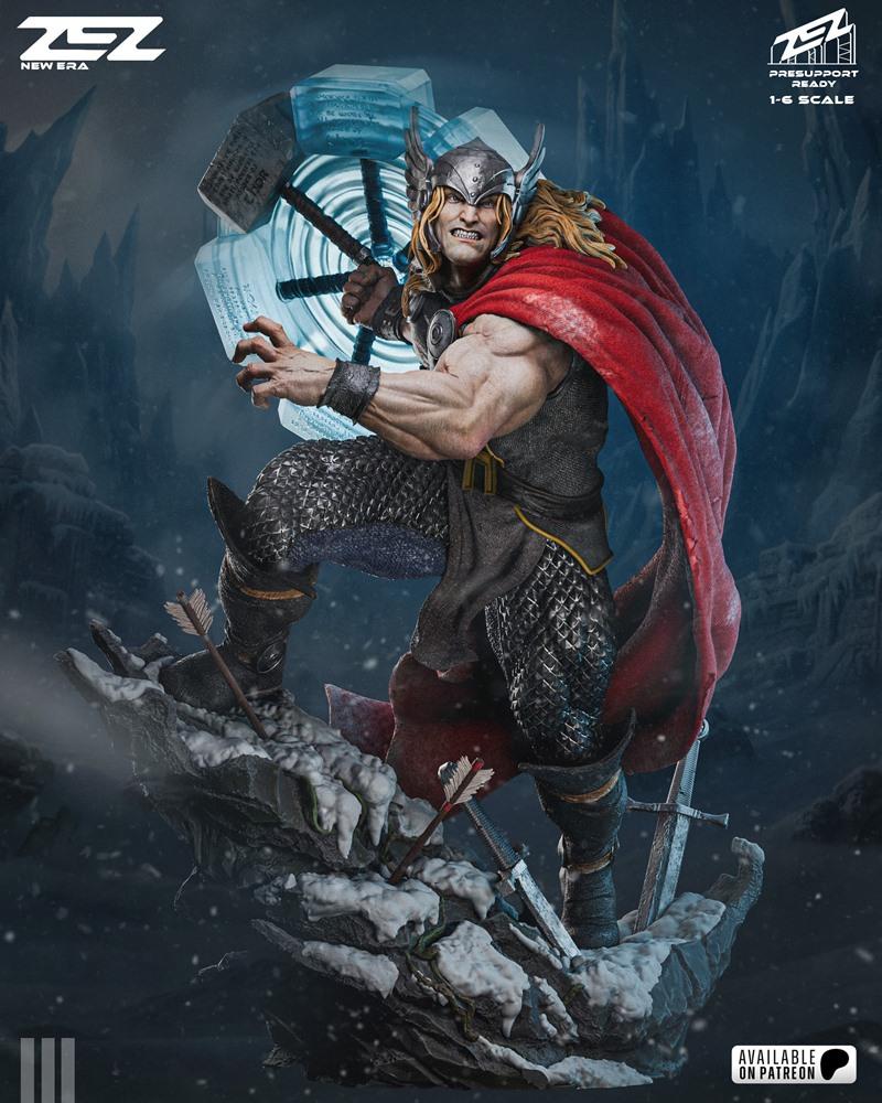 ZEZ Studio 1:6 scale 3D model of Thor, God of Thunder, in a dynamic pose with Mjolnir, wearing armor and a red cape,...