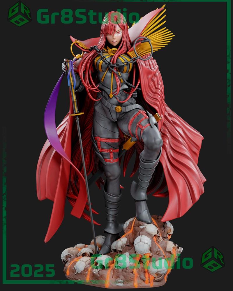 Demon King Nobunaga (Nobunaga Avenger) figure from Fate, standing on a skull base, wearing dark armor and a red cape,...