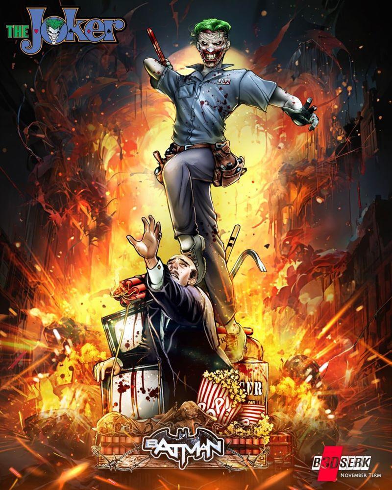 The Joker, in a blood-stained mechanic's uniform, stands over a victim amidst explosions and fire, holding a tool. Ba...