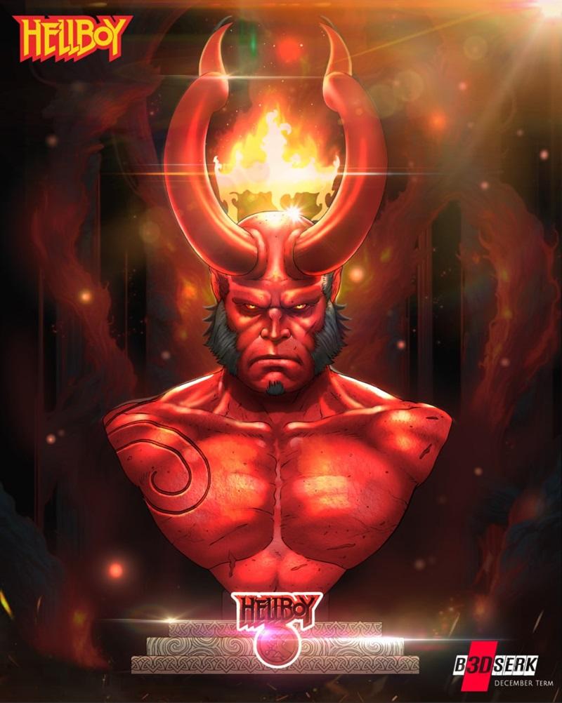 Hellboy portrait bust with large red horns, a fiery crown, and a stern expression, rendered in a comic art style. Stu...