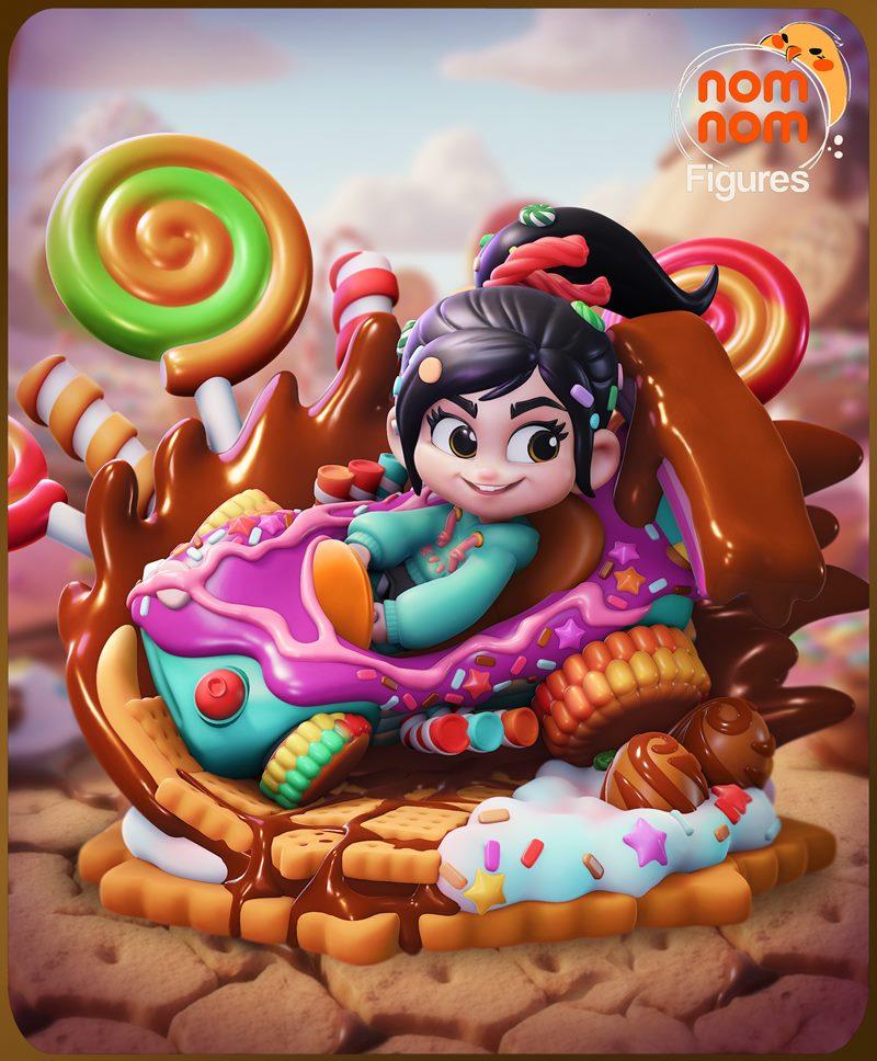 Chibi Vanellope von Schweetz in a candy-themed kart, surrounded by lollipops, chocolate, and cookies. Nomnom Figures...