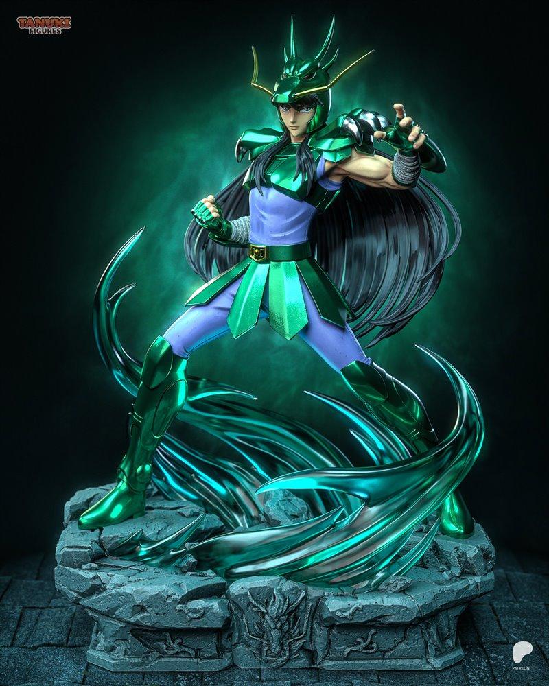 Shiryu from Saint Seiya in green Dragon Cloth armor, striking a combat pose on a rocky base with swirling green energ...