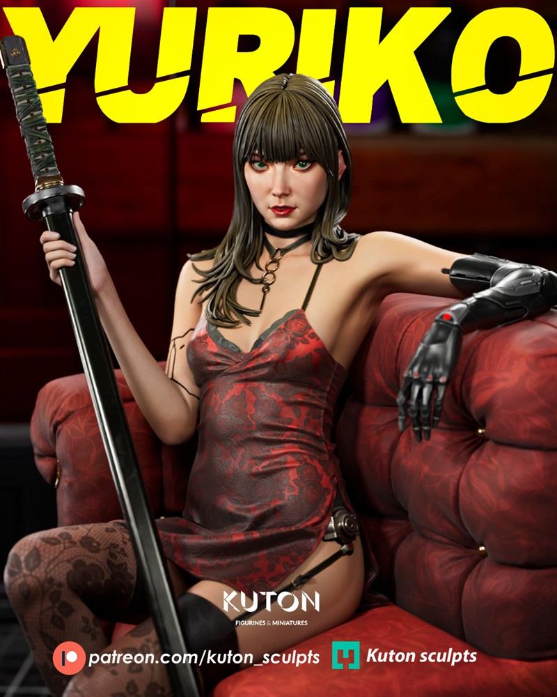 Yuriko character figure with katana, wearing a short red dress and thigh-high stockings, seated on a red sofa, with a...