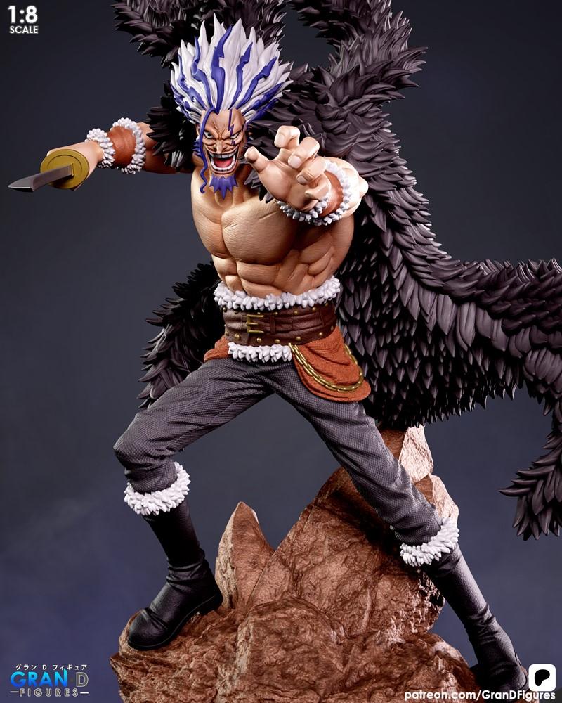 Rocks D. Xebec 1:8 scale anime figure, muscular build, wild blue and white hair, black feathered cloak, brown belt, f...
