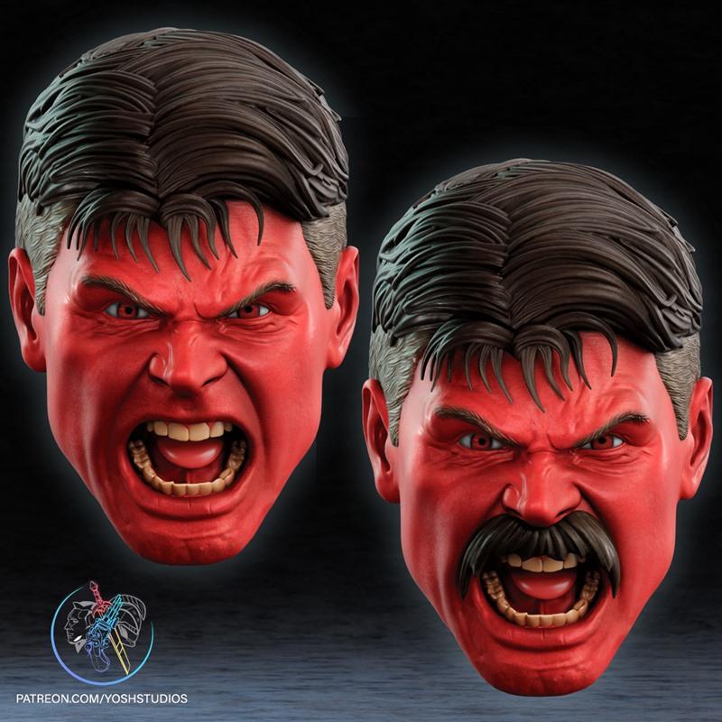 Two 3D printed masks of the Red Hulk, one with a mustache, both showing intense angry expressions with mouths open.