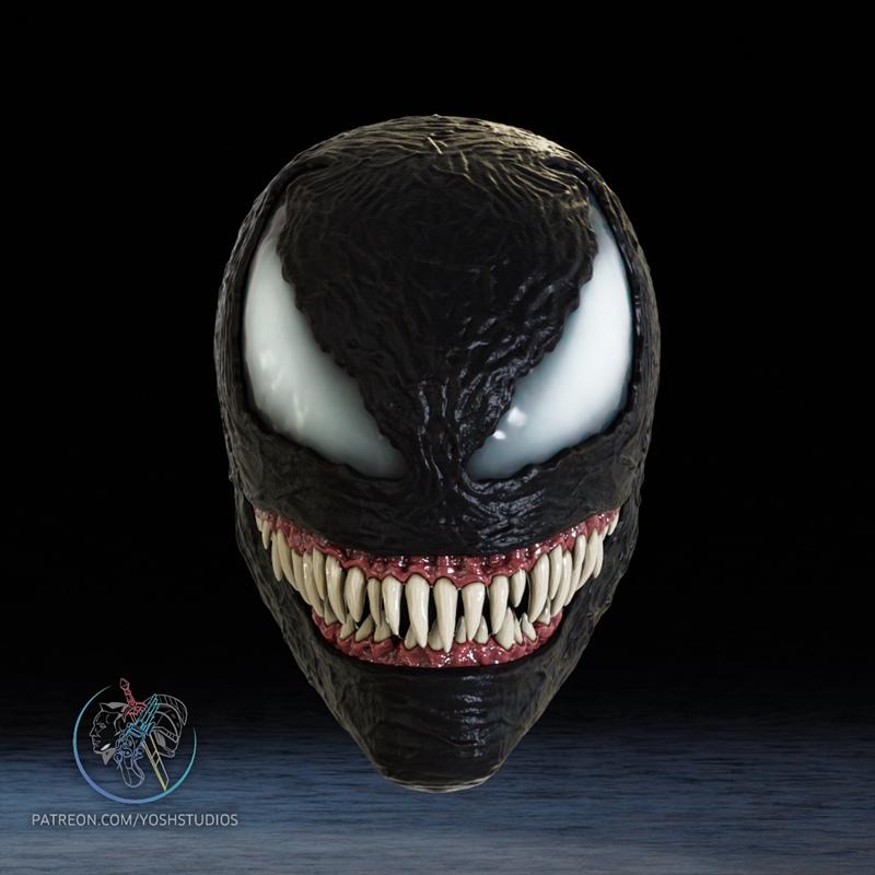 Venom movie mask 3D model with textured black skin, white eyes, and a wide grin showing sharp teeth.