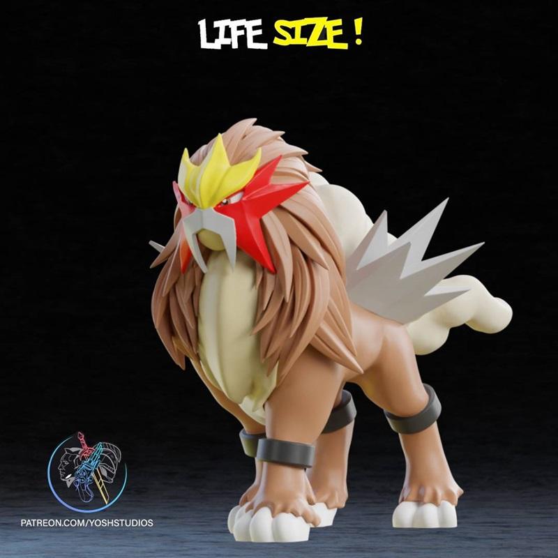 3D model of Entei, a large, brown, lion-like creature with a red and yellow mane, standing powerfully against a black...