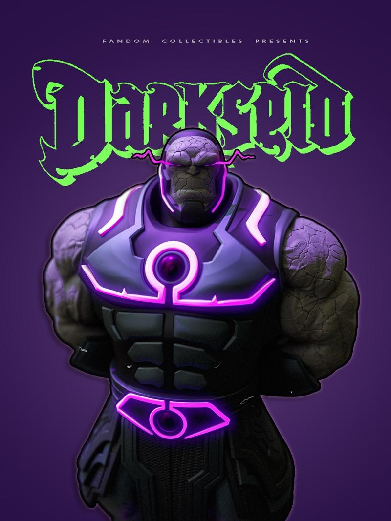3D model of Darkseid from DC Comics, wearing dark armor with glowing purple accents, stone-textured skin, and radiati...