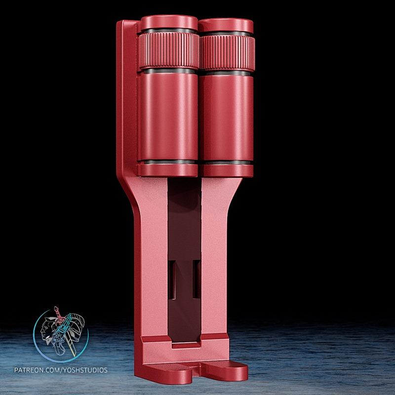 Red 3D printed model of Daredevil's Billy Club holster, featuring two cylindrical compartments for the clubs and a mo...