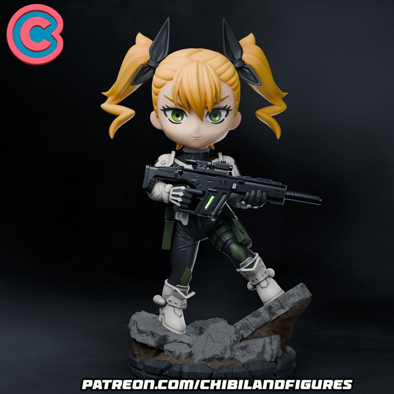 Chibi Kikoru figure with blonde pigtails and green eyes, holding a rifle, wearing tactical gear and white boots, stan...