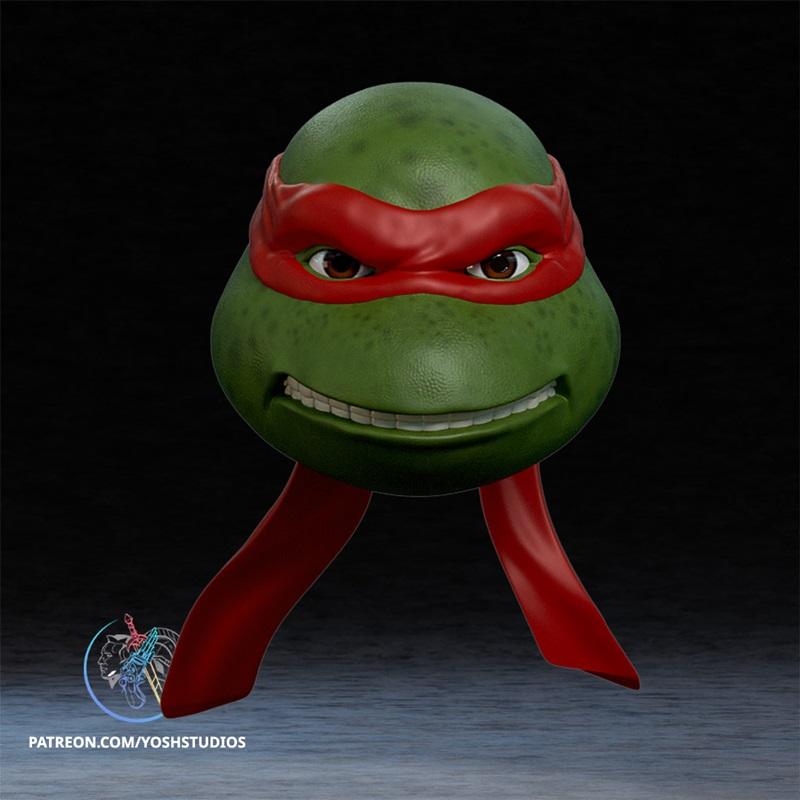 Raphael the Teenage Mutant Ninja Turtle bust, green skin, red bandana, wide grin, detailed eyes, red scarf flowing.
