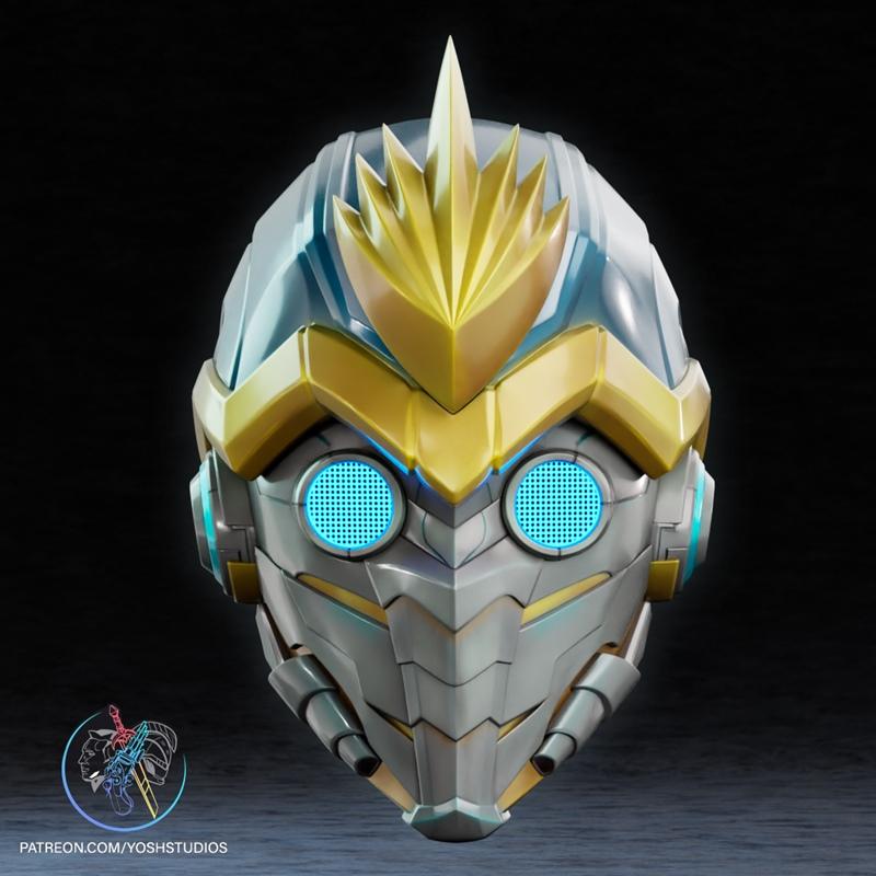 Close-up of a 3D printable Star Lord helmet from Marvel, featuring silver, gold, and glowing blue details.