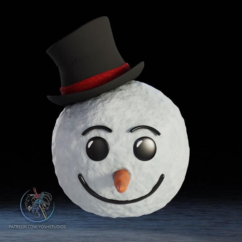 Snowman head with a black top hat and red band, orange carrot nose, and a smiling mouth. Textured white surface. Stud...