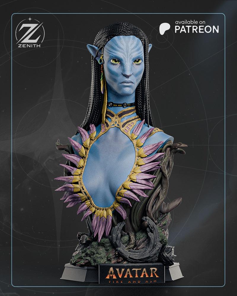 Bust of Neytiri from Avatar, featuring blue skin, yellow eyes, braided hair, and ornate tribal chest armor, presented...