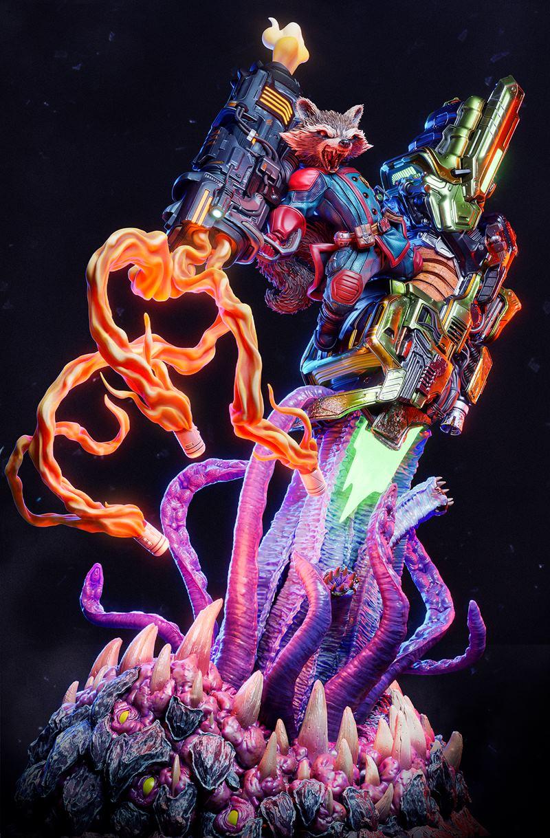 3D model of Rocket from Guardians of the Galaxy, firing large guns with orange and green energy, perched atop a monst...