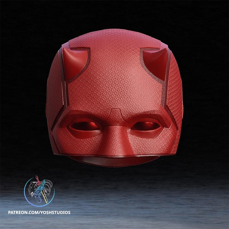 Close-up of a red Daredevil helmet with horns, textured surface, and eye openings, 3D model by Yoshstudios.