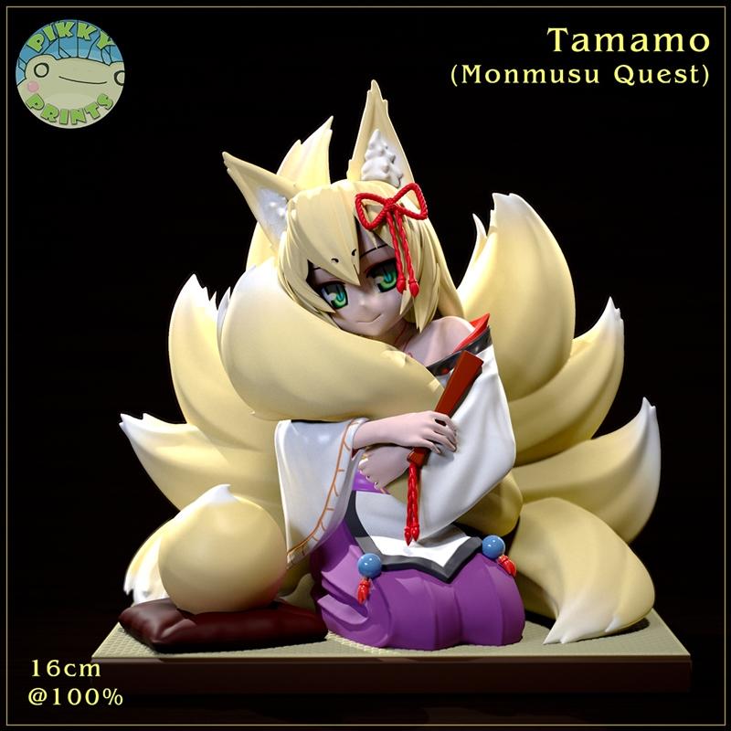 Pikky Prints Tamamo figure from Monster Girl Quest, a nine-tailed fox girl in a revealing kimono and purple hakama, h...