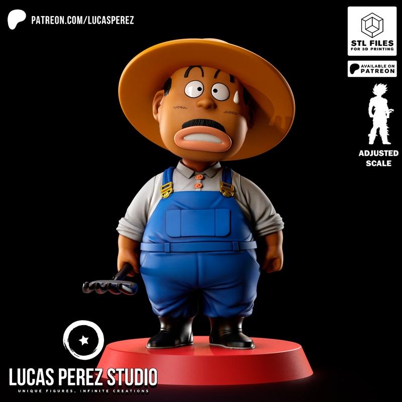 Chibi farmer character in blue overalls and straw hat, holding a tool, in anime style. 3D model by Lucas Perez Studio.