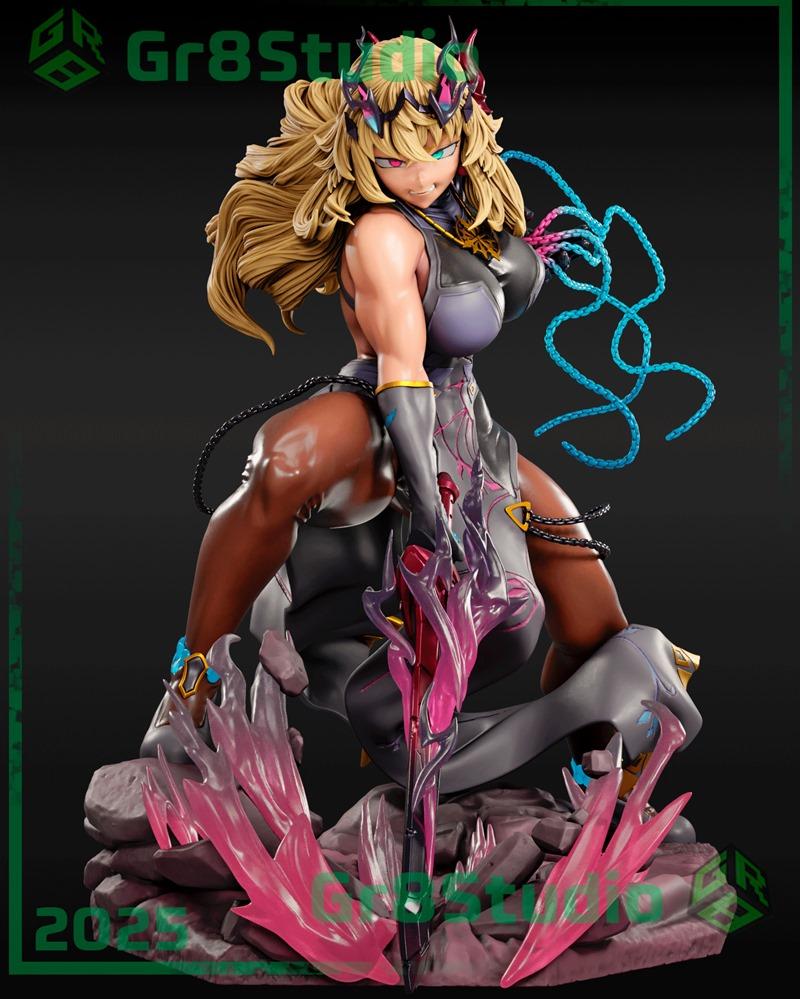 Gr8Tech 3D model of Barghest from Fate, crouching with a glowing weapon, muscular build, blonde hair, and a crown.
