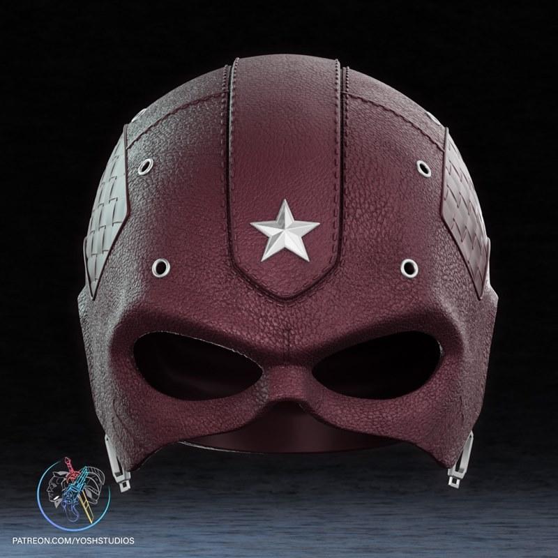 Red Guardian helmet 3D model, textured maroon leather with silver star emblem and segmented side panels, eye openings...