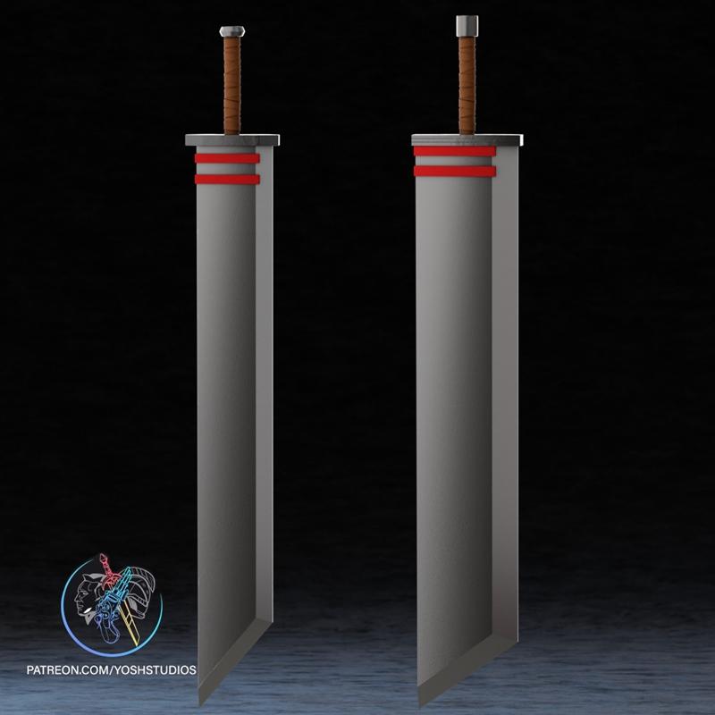 Two 3D printed models of the Buster Sword from Final Fantasy VII, featuring large grey blades, red accents on the gua...