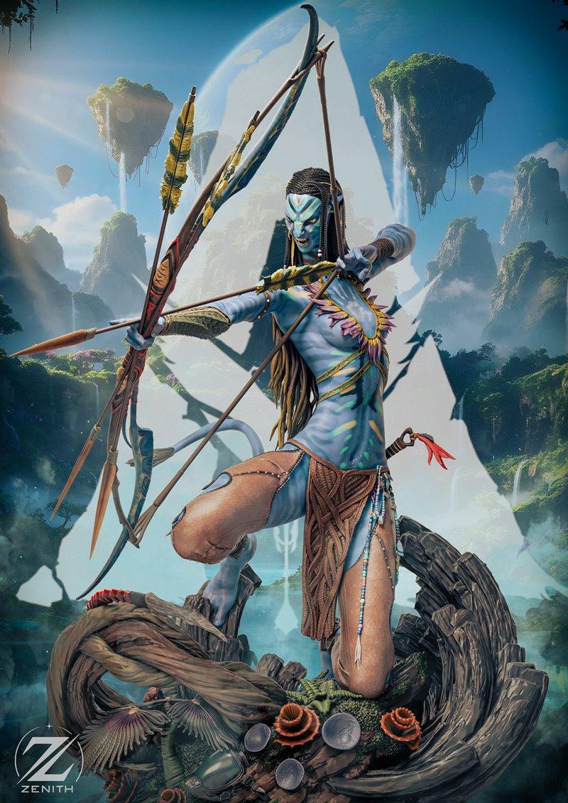 Neytiri from Avatar in a dynamic pose, drawing a bow and arrow. Blue-skinned warrior with tribal markings, wearing wo...