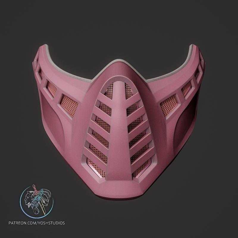 Pink Mortal Kombat-inspired mask with angular design and mesh vents, created by Yoshstudios for 3D printing.