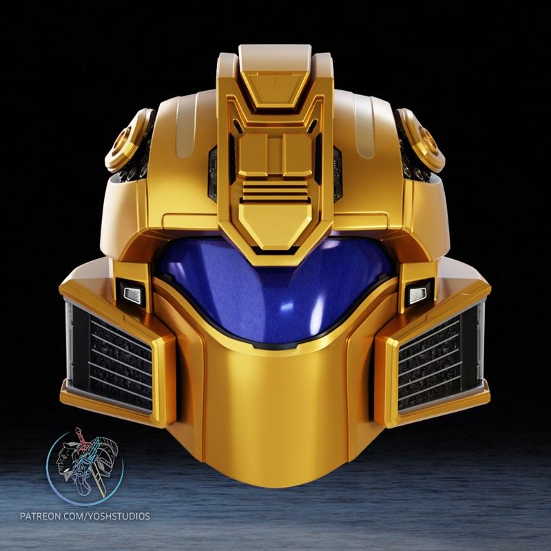Gold Bumblebee helmet with blue visor, featuring intricate armor plating and ventilation details. From Yoshstudios.