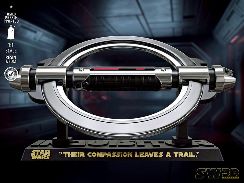 Star Wars Grand Inquisitor lightsaber prop on a display stand, featuring a circular hilt and red blade. SW3D logo and...