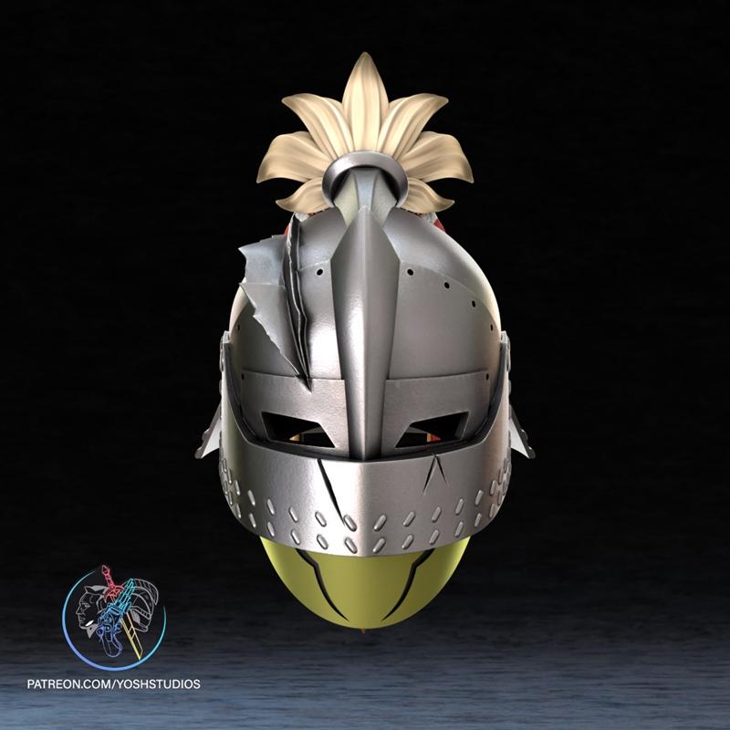 Front view of a silver medieval-style helmet with a yellow plume, inspired by Monster Hunter. Features eye slits, a p...
