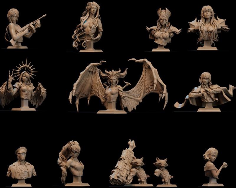 Collection of 3D printable busts by CA 3D Studios: figures with guns, fantasy creatures, angelic and demonic characte...