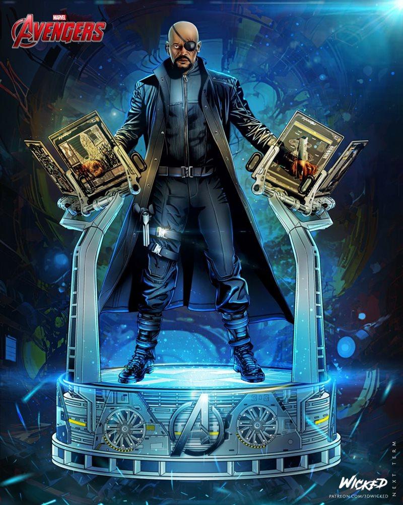 Nick Fury sculpture in tactical gear and trench coat, standing on a futuristic Avengers-themed base with holographic...