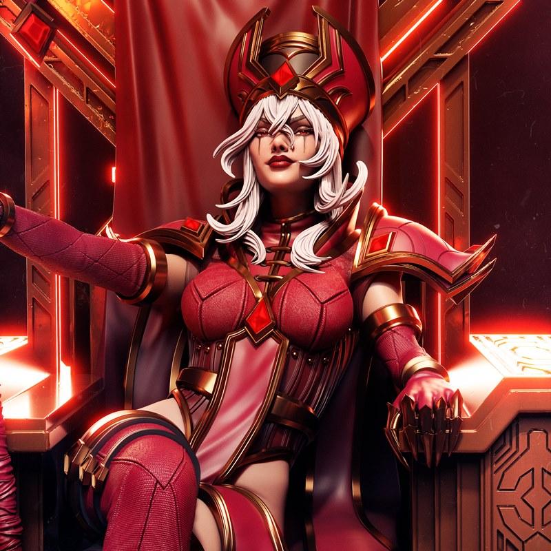 Sally Whitemane 3D model figure seated on a throne, wearing red and gold fantasy armor, white hair, red eyes, by CA 3...