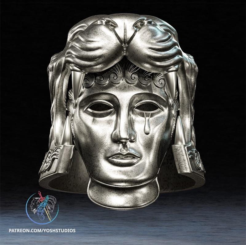 Silver 3D model of a gladiator mask with a lion's head helmet, featuring a human face with a tear.