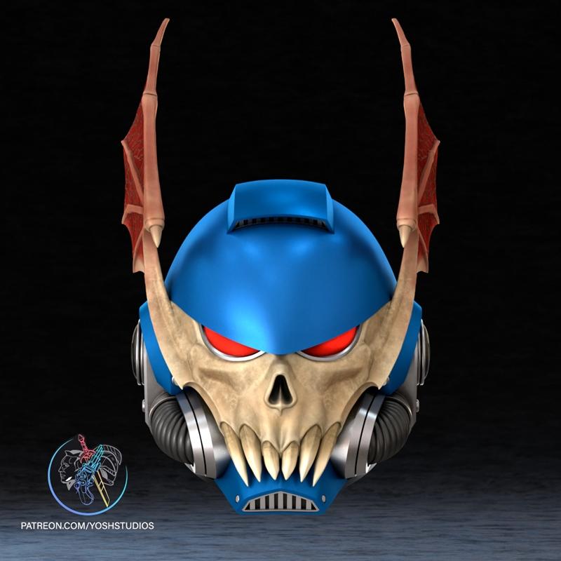 Blue Warhammer 40k Heretic Astartes helmet with a skull faceplate, red eyes, sharp teeth, and bat-like wings. Designe...