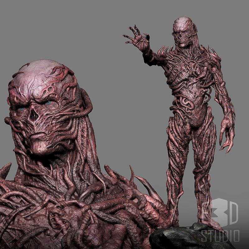 3D model of Vecna from Stranger Things, showing a detailed bust and a full figure covered in organic vines, with blue...