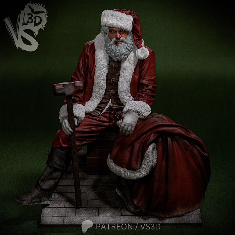 VS3D 3D model of Santa Claus from Violent Night, seated with a hammer and sack, wearing a red suit with fur trim.