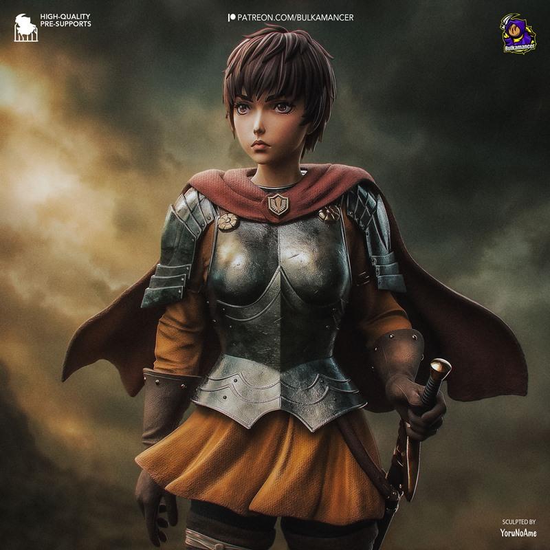 3D model figure of Casca from Berserk, wearing full plate armor over an orange tunic and skirt, holding a sword, with...