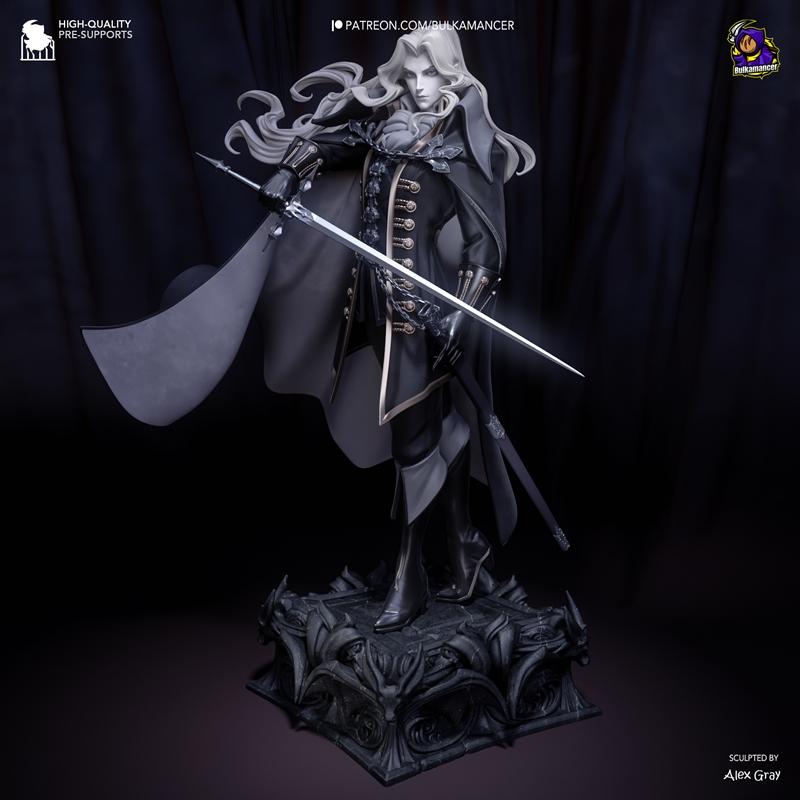 Alucard figure from Castlevania, standing heroically on a gothic base, holding a sword. He has long silver hair, a fl...