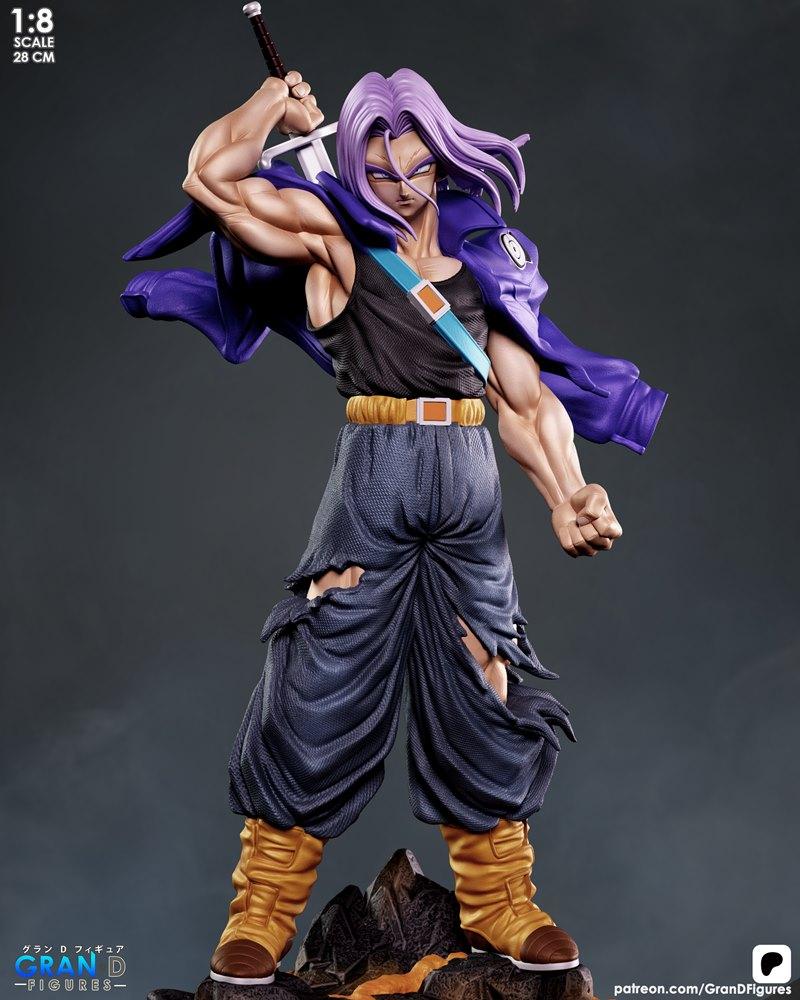 1:8 scale 28 cm Trunks 3D model figure from Dragon Ball, holding a sword, wearing ripped pants and a purple jacket.