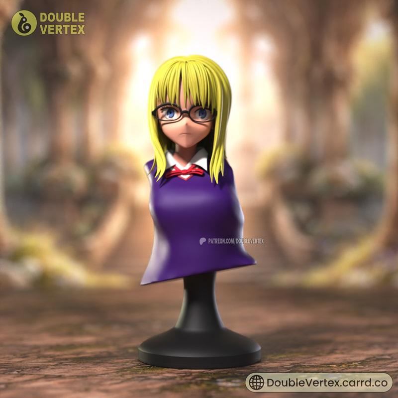 Bust of Sajou Ayaka from Fate series, blonde hair, glasses, purple uniform with red bow, 3D model by Double Vertex.