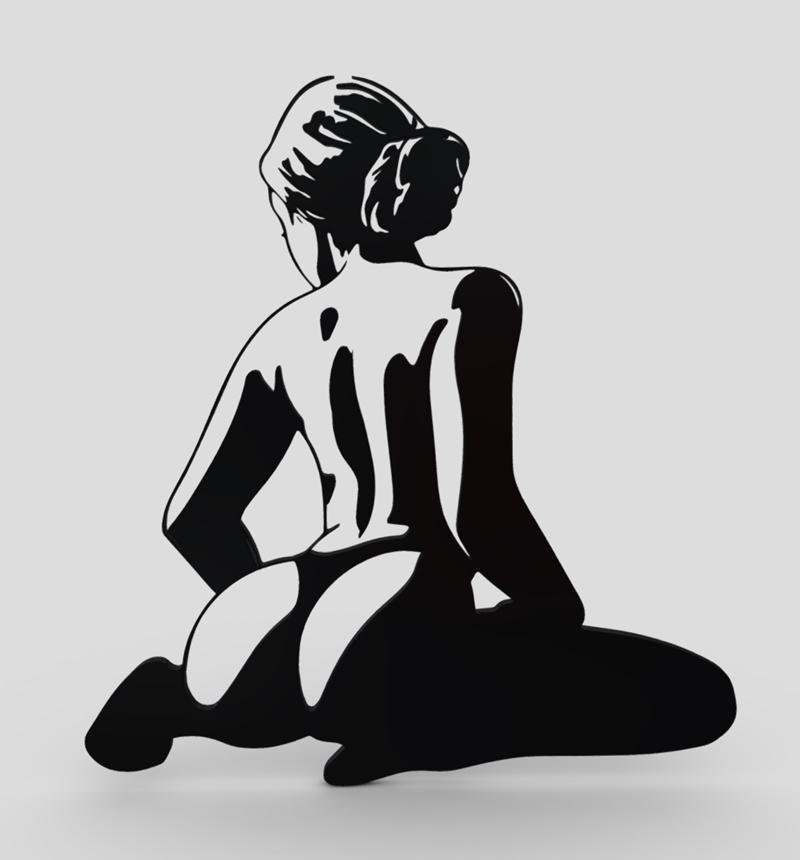 Stylized 3D model of a kneeling female figure, back view, with head turned. High contrast black and white design, art...