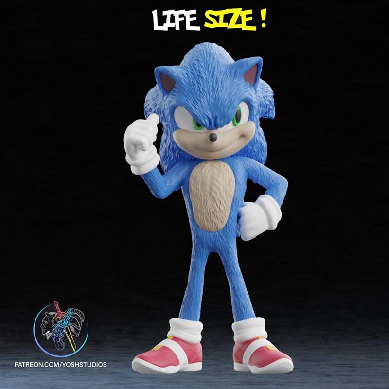 Sonic the Hedgehog 3D model, blue hedgehog with green eyes, white gloves, red and white shoes, giving a thumbs up.